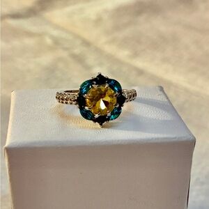 Dainty Swarovski Crystal Flower Ring Silver Plated Yellow & Teal Crystals